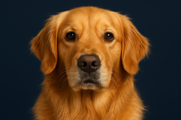 fazer um cachorro dourado, tipo golden , pegando so o rosto centralizado , olhando para camera , fundo cor #0B3D91