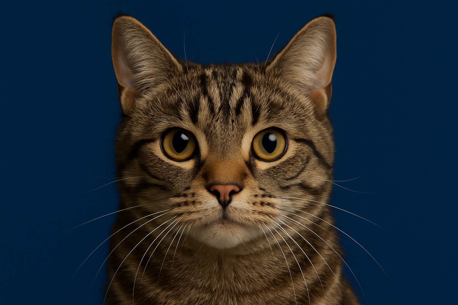 fazer um gato pegando so o rosto centralizado, olhando para camera, no fundo cor  #0B3D91