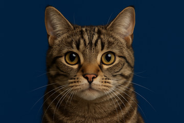 fazer um gato pegando so o rosto centralizado, olhando para camera, no fundo cor  #0B3D91